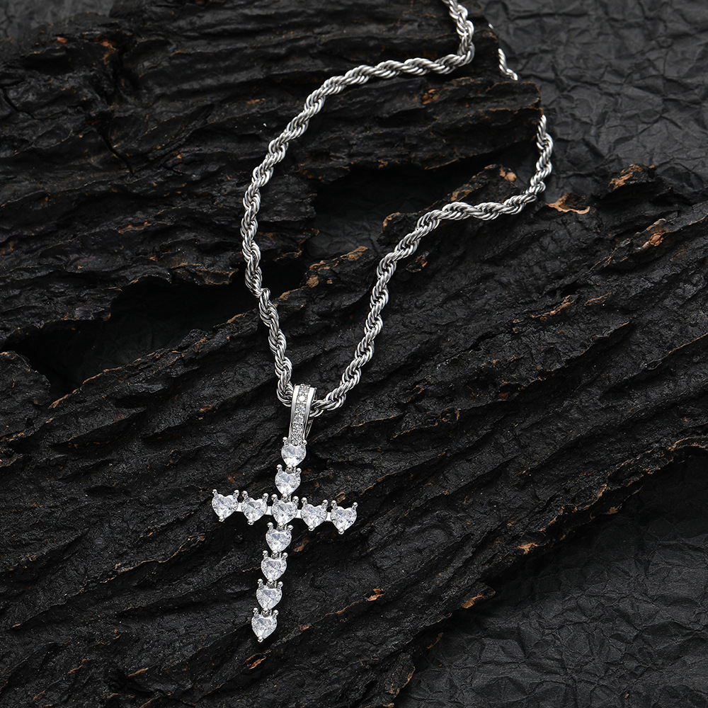 IVIAPRO Jewelry Religious Stainless Steel Rope Chain Shining Heart CZ Cross Pendant Necklace Hiphop Jewelry for Women and Men