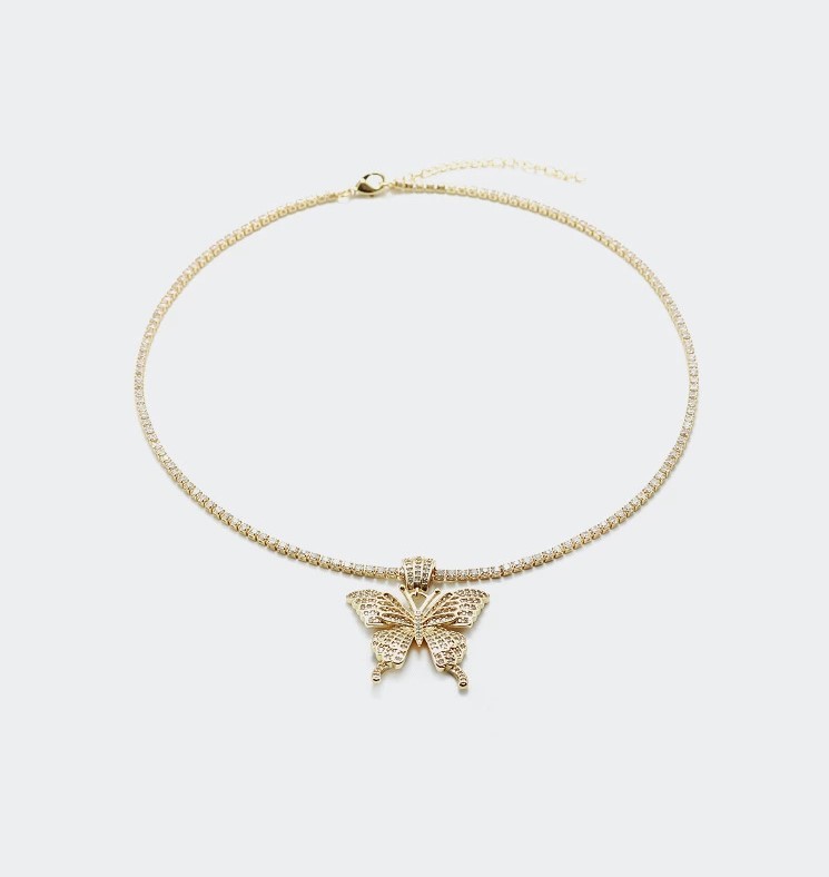 Fashion Jewelry Luxury 18K Gold Plated Cubic Zircon Butterfly Pendant Tennis Chain Necklace for Women