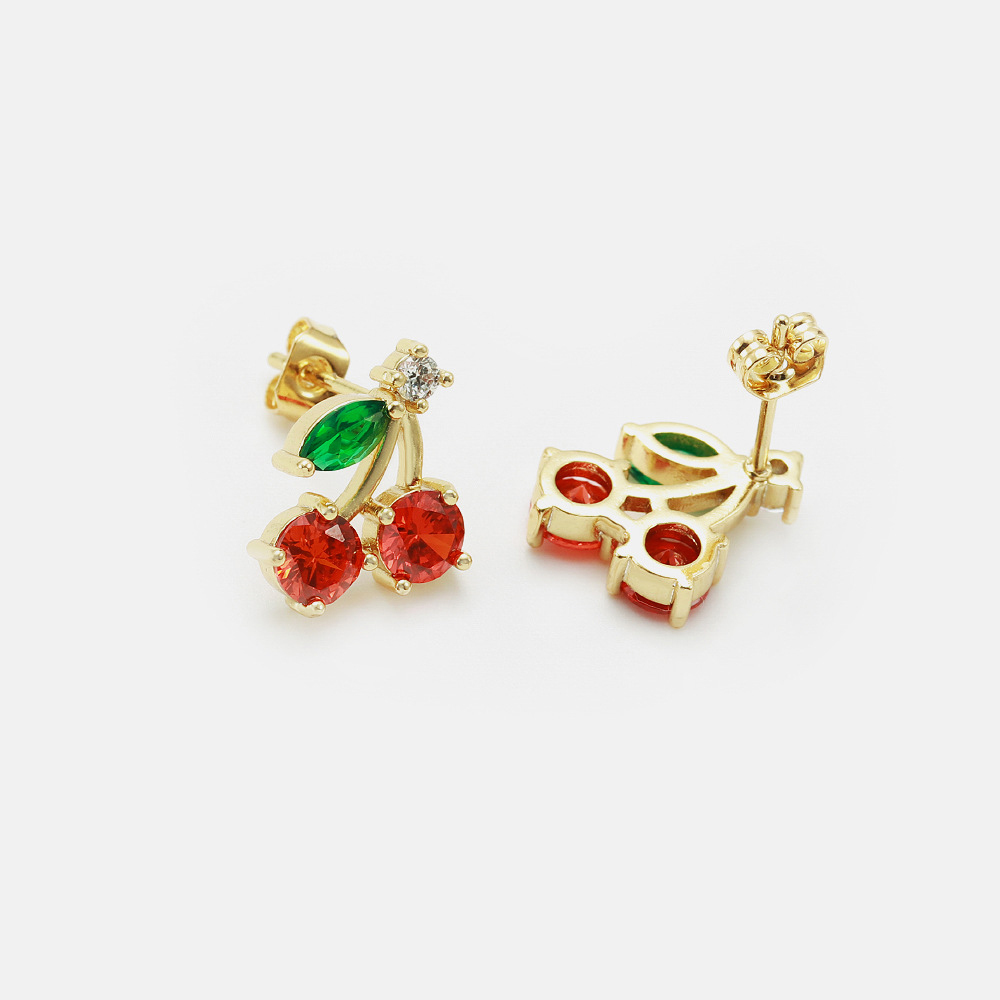 IVIAPRO Fashion Jewelry Sweet Fruit Earring 18K Gold Plated Cute Cubic Zircon Cherry Stud Earrings for Girls