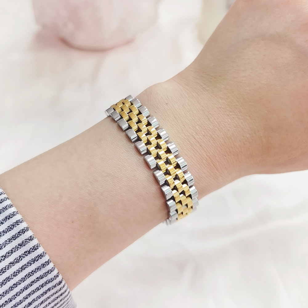 New Hot Selling Stainless Steel Gold Plated High End Trendy  2 Tones Chunky Band Bracelet