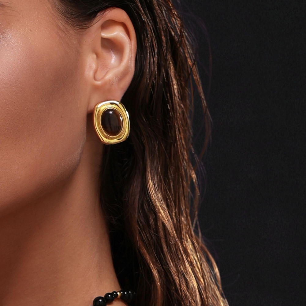 New Fashion Jewelry Wholesale 18K Gold Plated Non-tarnish Stainless Steel Retro Tiger Eye Emerald Stone Stud Earrings for Women