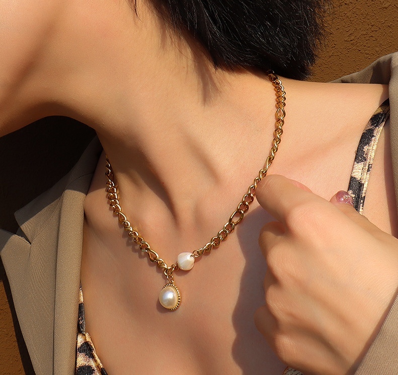 Fashion Elegant 18K Gold Plated Link Chain Pearl Choker Necklace Stainless Steel Jewelry for Women