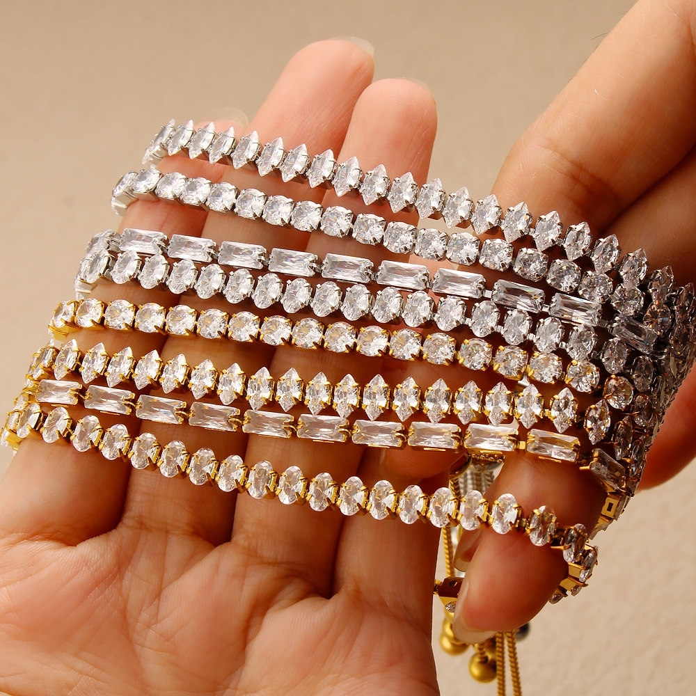 New 18K Gold Plated Non-Tarnish Jewelry Shining Cubic Zircon Adjustable Stainless Steel Tennis Chain Bracelets for Women Party