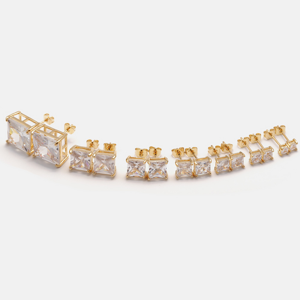 IVIAPRO Simple Stud Earrings Brass Jewelry 18K Gold Plated White Single Stone From 3mm To10mm square Stud Earrings