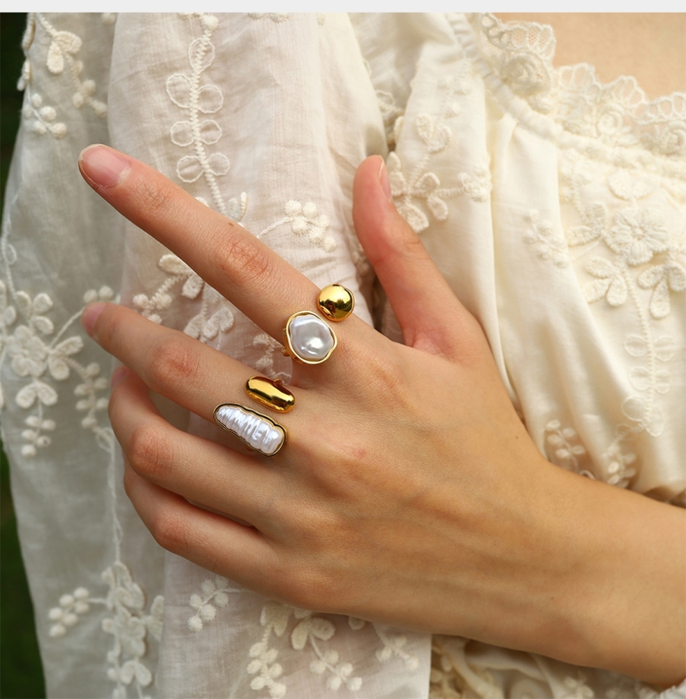 Ins Hot 18K Gold Plated Stainless Steel Irregular Pearl Ring for Women Tarnish Free Hypoallergenic Fashion Jewelry Rings Female