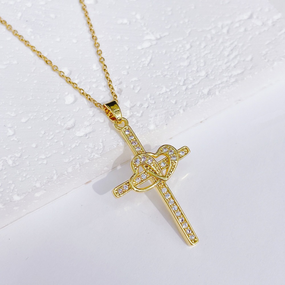 Fashion Jewelry Wholesale Brass with 18K Gold Plated Cubic Zirconia Cross Pendant Necklace Hip Hop Jewelry Virgin Mary Necklace