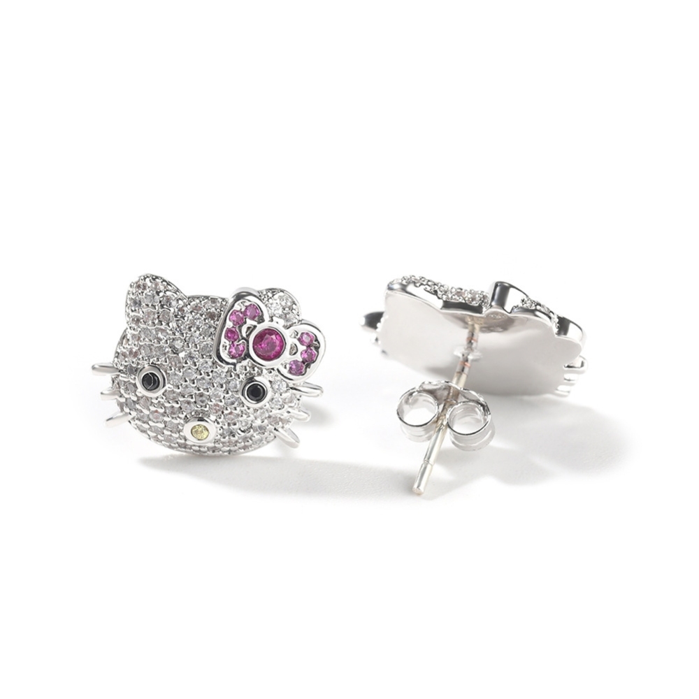 New Gold Plated Iced Out Cat Earring Cute Cartoon Animal Jewelry Sweet CZ Little Kitty Stud Earrings for Girls