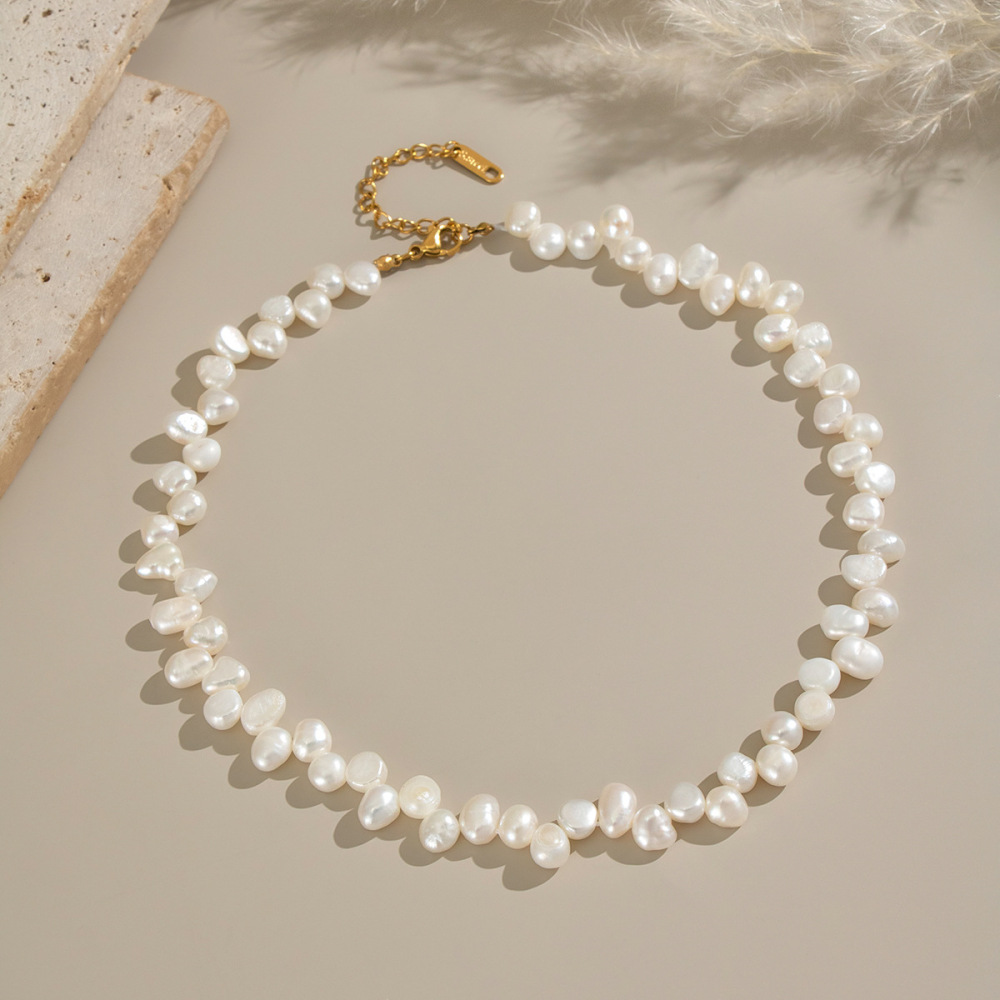 Fashion Jewelry 18k Gold Plated Elegant Tarnish Free Stainless Steel Natural Baroque Pearl Beaded Necklace for Women