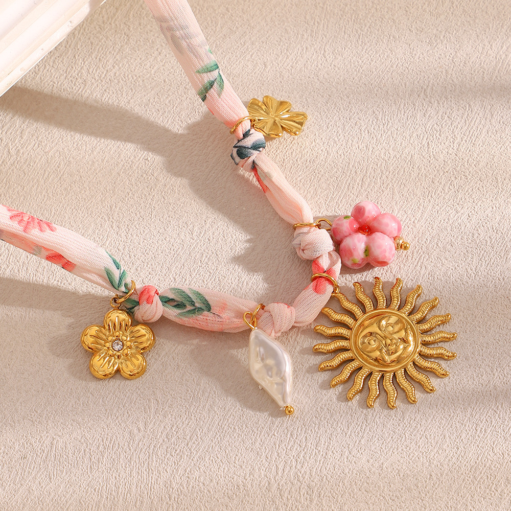 New Bohemia Vacation Style Stainless Steel Tarnish Free Flower Sun Charms Pendants Elegant Pink Ribbon Necklace for Women