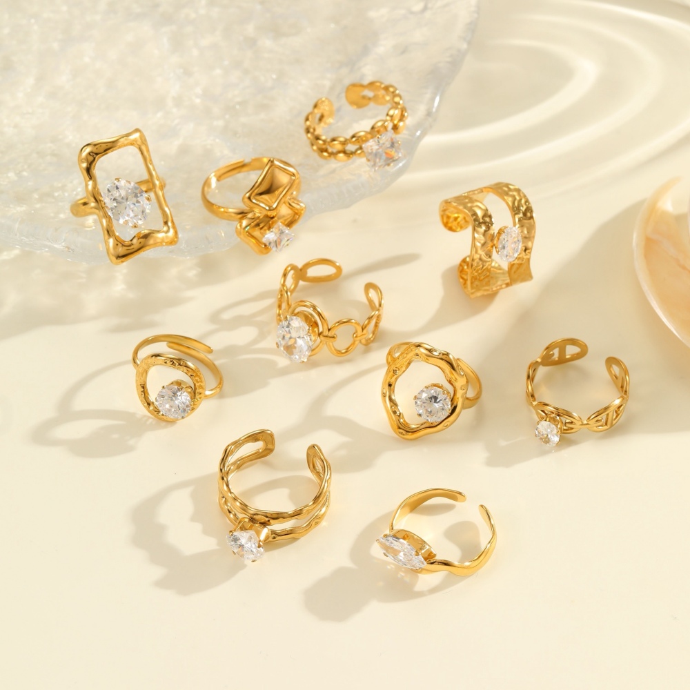 Hot Factory Wholesale Jewelry 18K PVD Gold Plated Personalized Stainless Steel Geometric Zircon Open Rings for Women