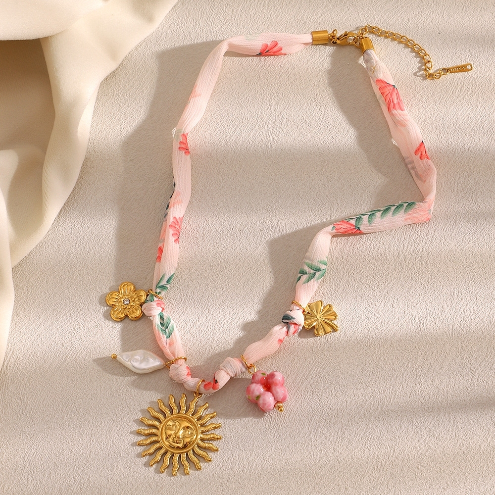 New Bohemia Vacation Style Stainless Steel Tarnish Free Flower Sun Charms Pendants Elegant Pink Ribbon Necklace for Women