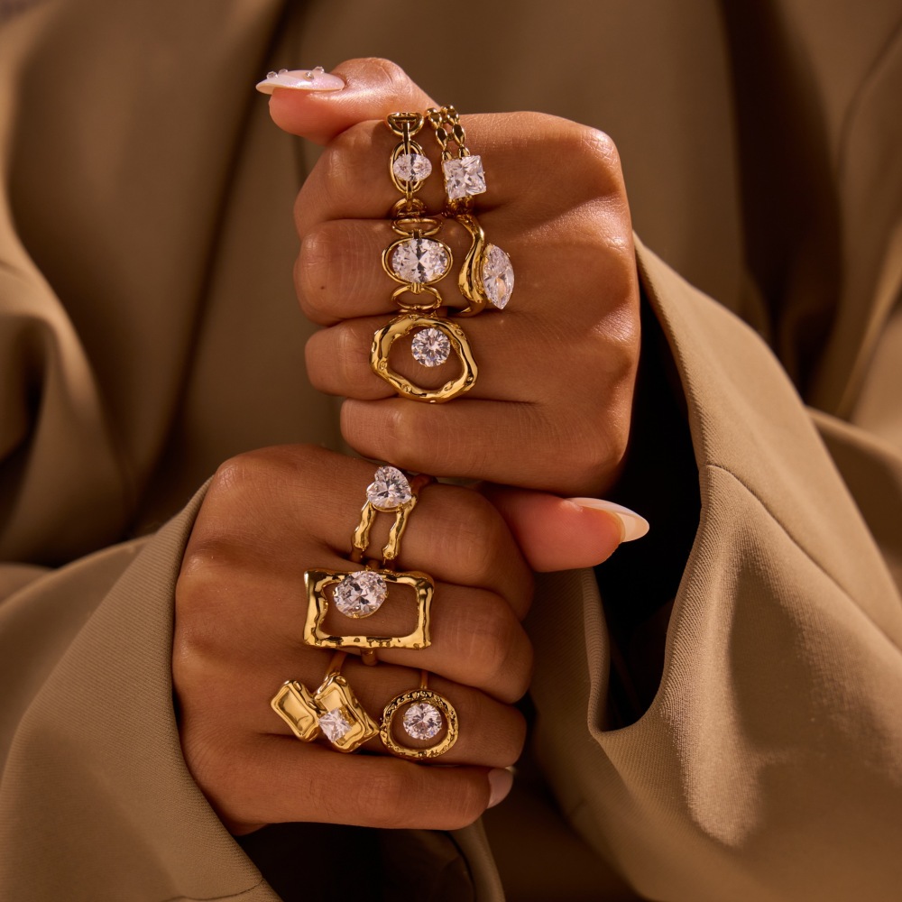 Hot Factory Wholesale Jewelry 18K PVD Gold Plated Personalized Stainless Steel Geometric Zircon Open Rings for Women