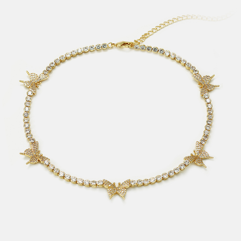 Fashion Jewelry Hot Selling 18K Gold Plated Tennis Chain Butterfly Choker Necklace for Women