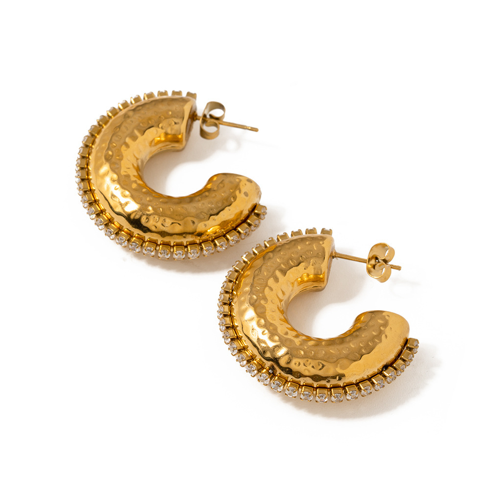 Fashion Jewelry 18K Gold Plated C Shaped Hoop Earrings Stainless Steel CZ Stud Earrings Wholesale