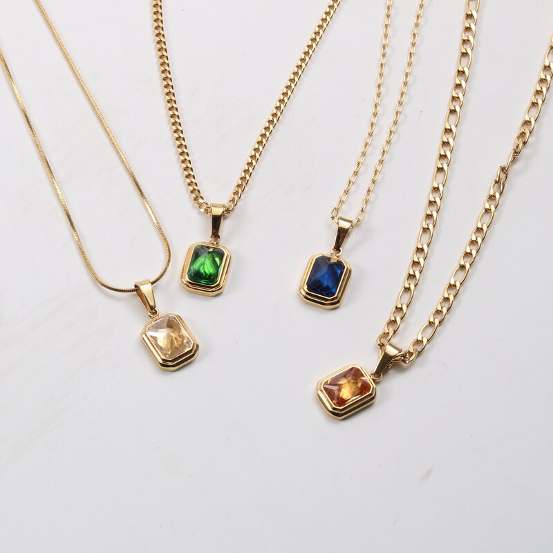 IVIAPRO Jewelry Elegant Stainless Steel 18K Gold Plated Colorful Rectangle Shaped Zircon Pendant Choker Necklace for Women