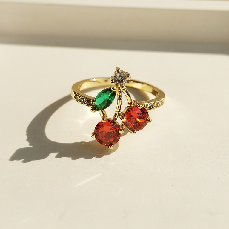 Fashion Jewelry Brass with 18K Gold Plated Cubic Zircon Cherry Rings Fruit Jewelry for Girls