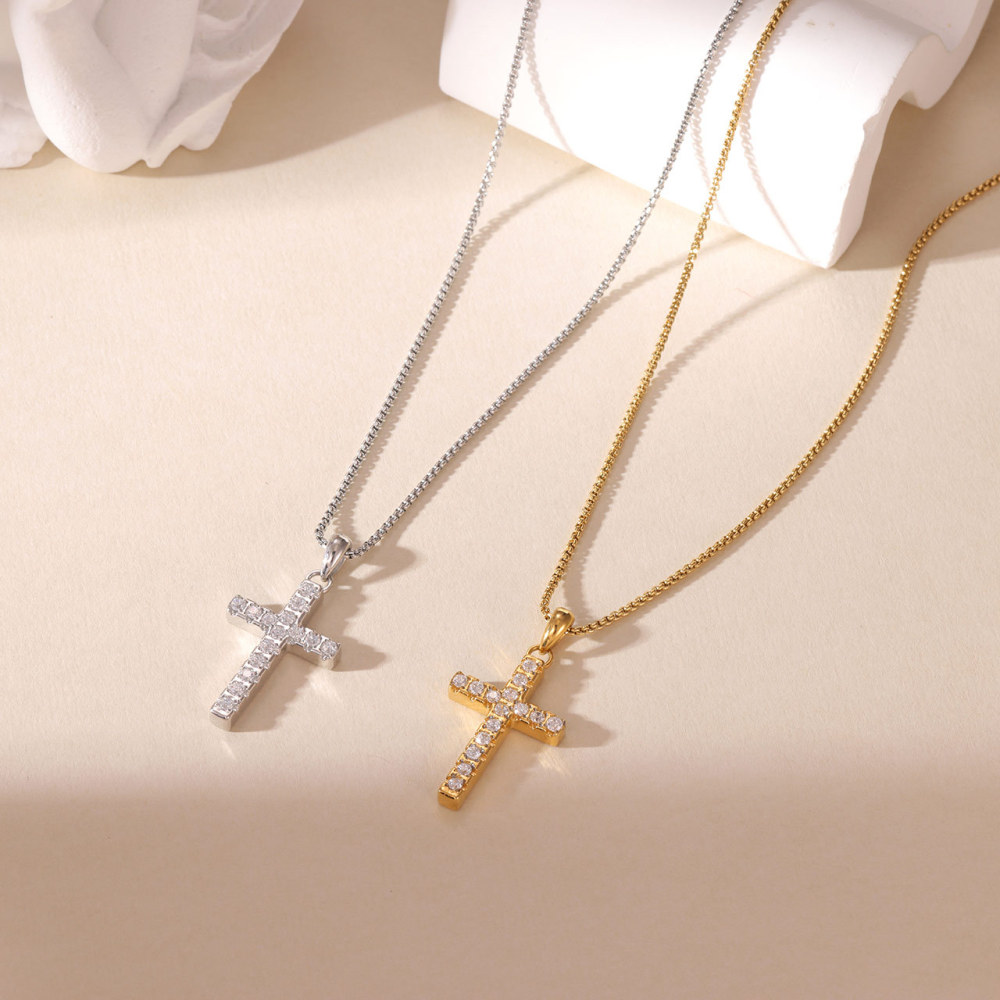 Hot Sale Stainless Steel Jewelry Wholesale Tarnish Free 18K Gold Plated Hiphop Cubic Zircon Cross Pendant Necklace for Women Men