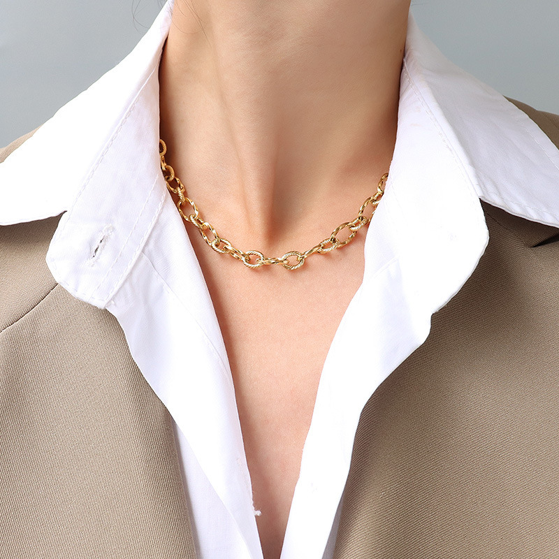 Fashion Minimalist Style Waterproof 18K Gold Plated Link Chain Necklace Stainless Steel Jewelry for Women