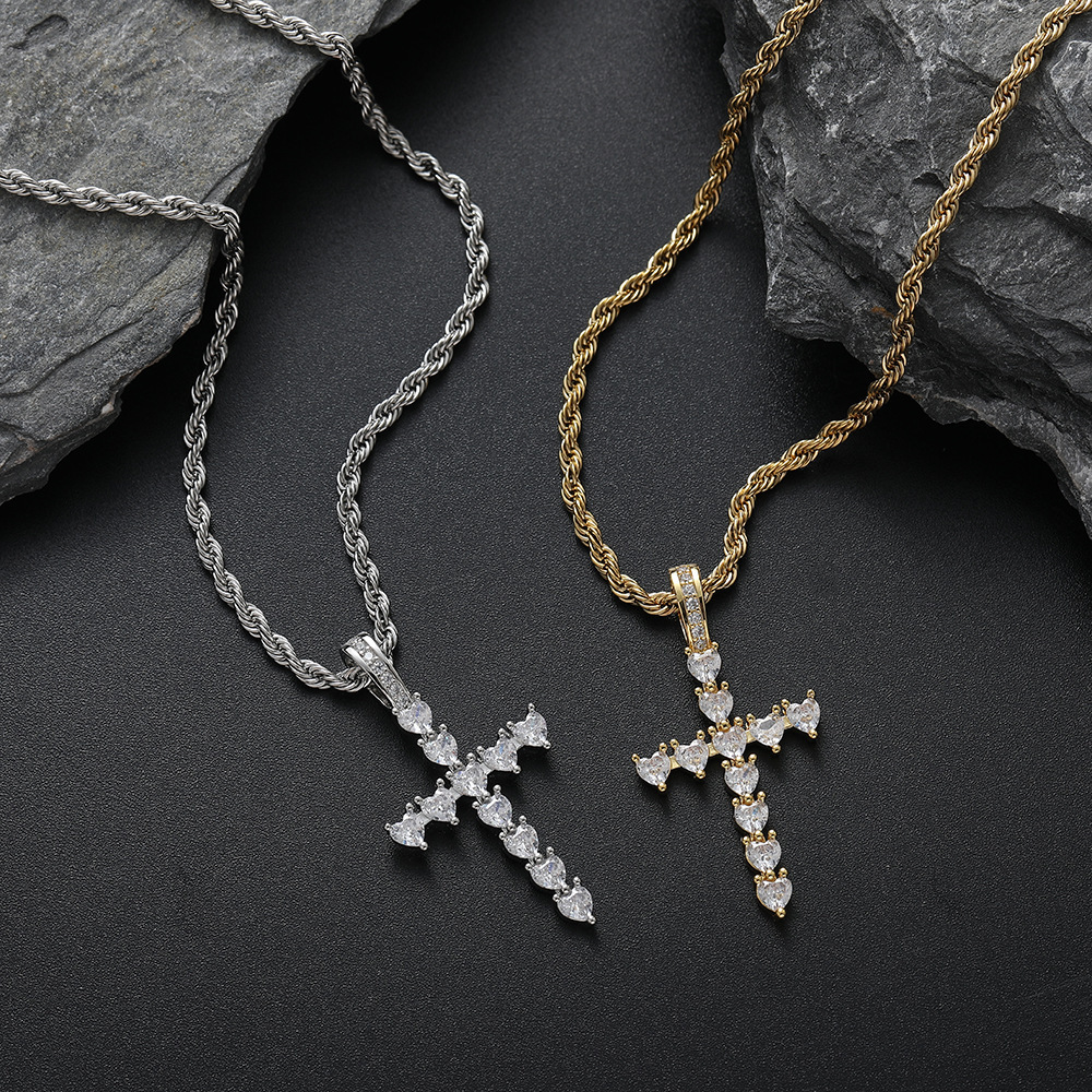 IVIAPRO Jewelry Religious Stainless Steel Rope Chain Shining Heart CZ Cross Pendant Necklace Hiphop Jewelry for Women and Men