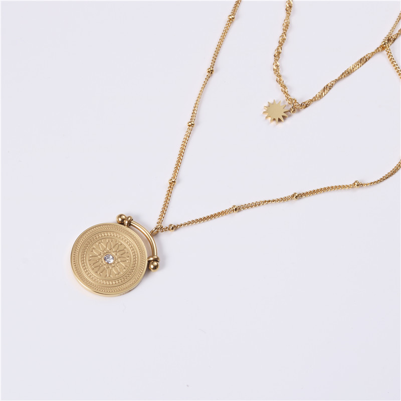 Trendy 18K PVD Gold Plated Stainless Steel Jewelry Elegant Tarnish Free Two Layers Coin Pendant Necklace for Women