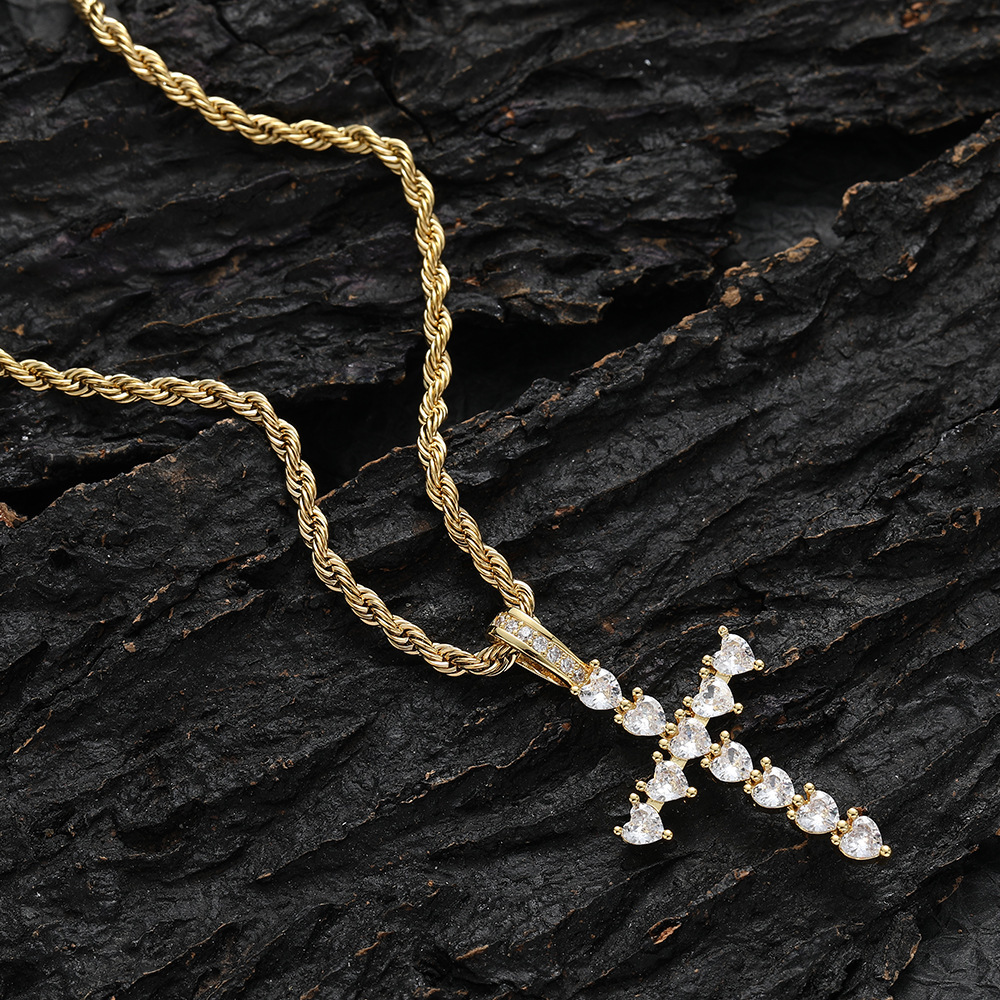 IVIAPRO Jewelry Religious Stainless Steel Rope Chain Shining Heart CZ Cross Pendant Necklace Hiphop Jewelry for Women and Men