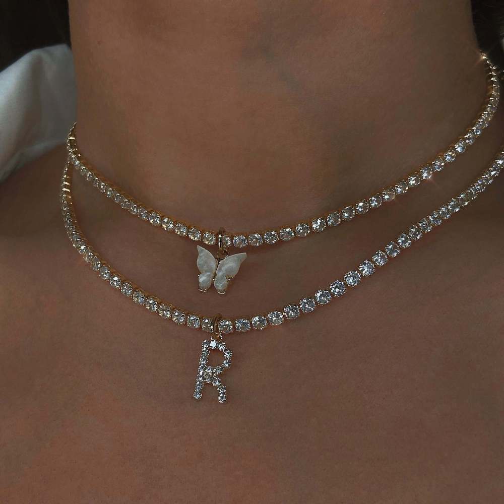 IVIAPRO New Trendy 18K Gold Plated Stainless Steel Cubic Zirconia Tennis Chain Butterfly Pendant Necklace for Women