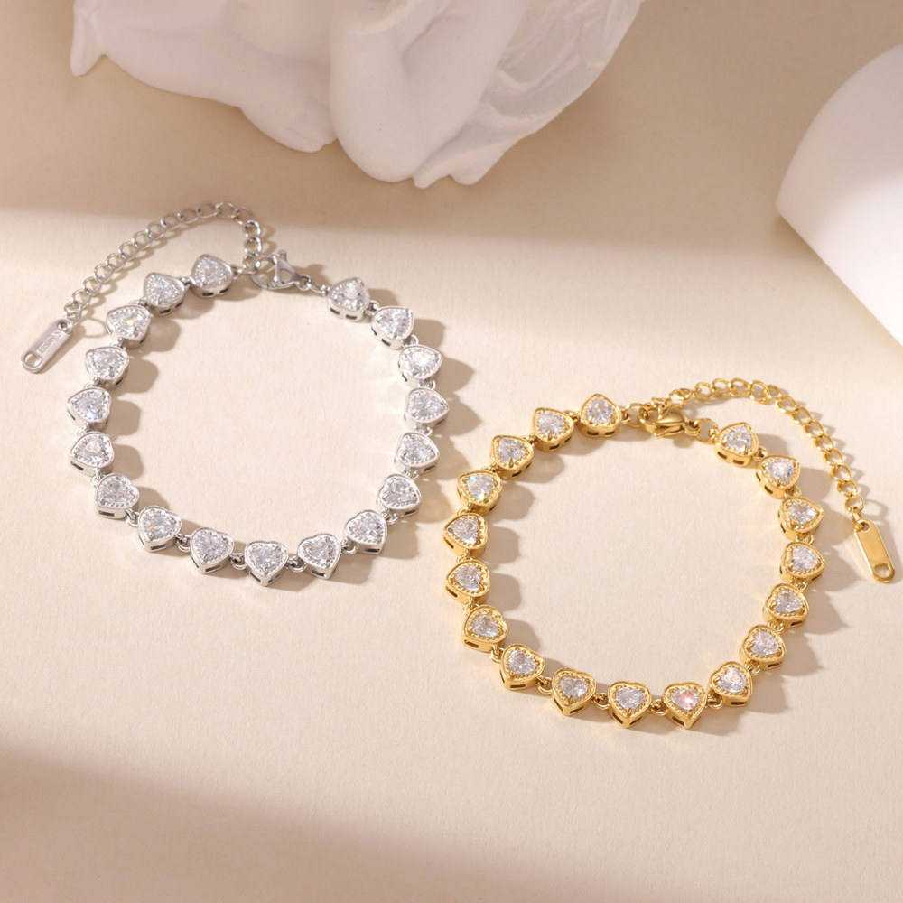 IVIAPRO Jewelry New Tarnish Free & Waterproof Stainless Steel 18K Gold Plated Sweet Heart Zircon Tennis Chain Bracelet for Women