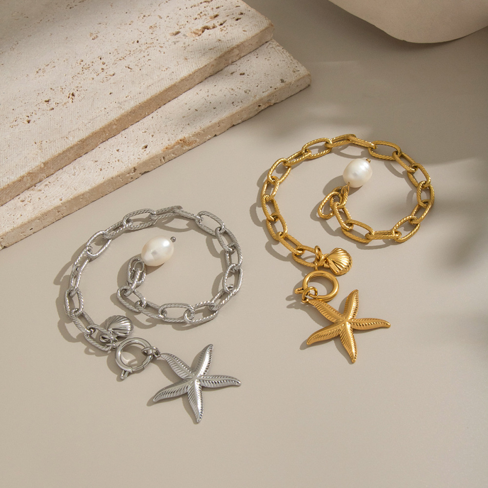 Popular Boho Ocean Beach Vacation Style 18K Gold Plated Non-Tarnish Starfish Shell Pearl Charms Stainless Steel Chain Bracelet