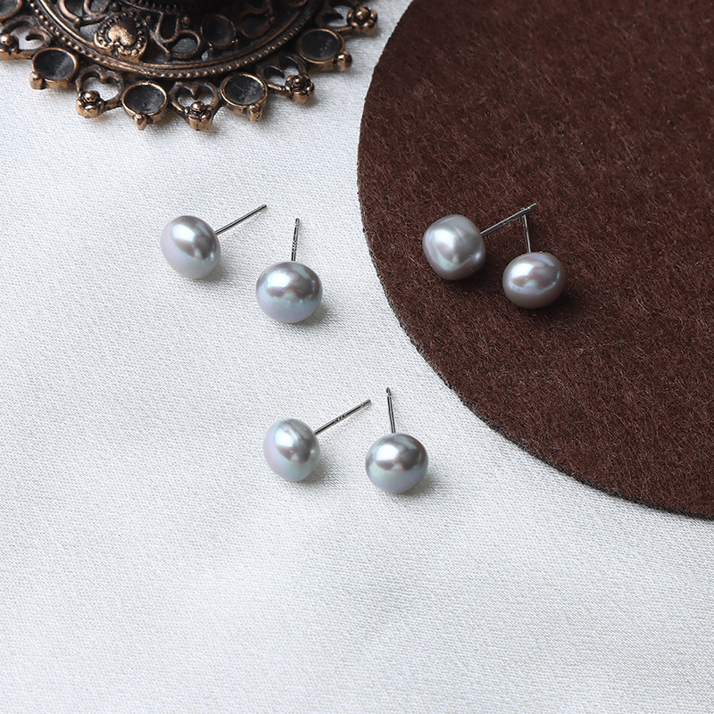 New Hot Pearl Jewelry 925 Sterling Silver Studs Elegant Gray Freshwater Bread Shaped Pearl Stud Earrings