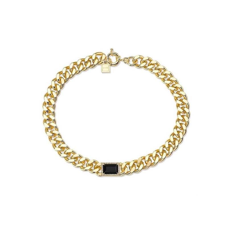 Fashion Jewelry Elegant Brass Gold Plated Cubic Zircon Black Rectangle Stone Cuban Chain Necklace