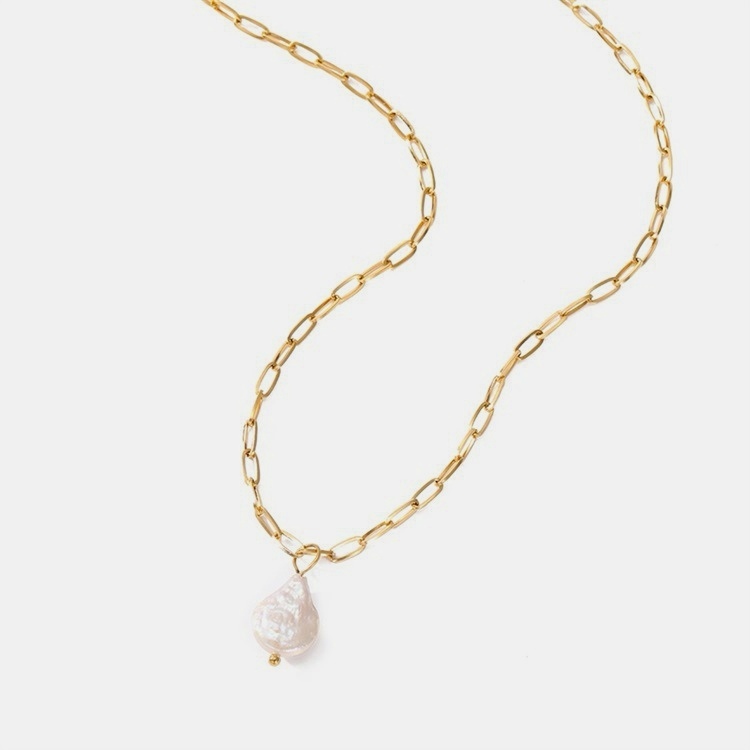IVIAPRO Jewelry New Trendy 14K Gold Plated Pearl Necklace Stainless Steel Link Chain Freshwater Baroque Pearl Pendant Necklace