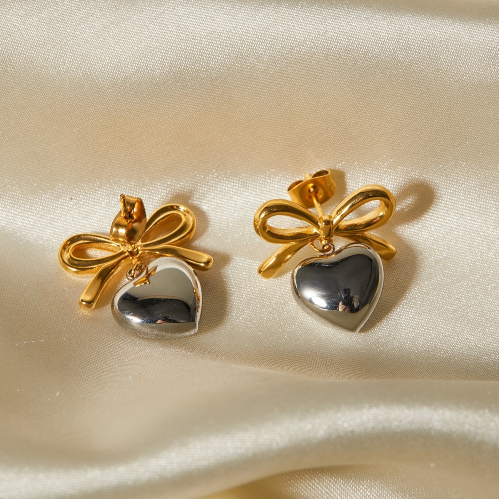 Fashion Jewelry 18K Gold Plated Tarnish Free & Water Resistant Stainless Steel Jewelry Cute Bow Heart Stud Earrings for Girls