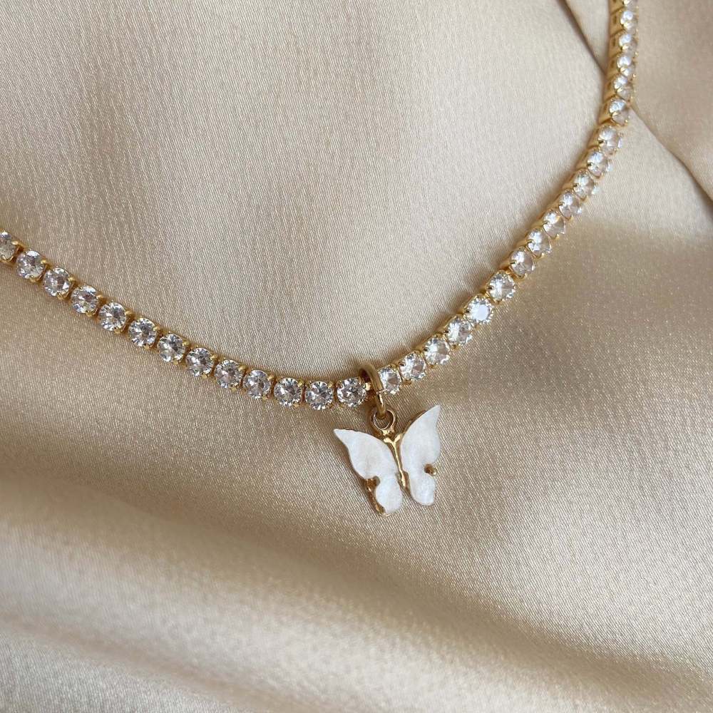 IVIAPRO New Trendy 18K Gold Plated Stainless Steel Cubic Zirconia Tennis Chain Butterfly Pendant Necklace for Women