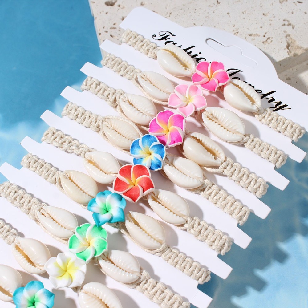 Hot Selling Bohemia Beach Vacation Style Jewelry Wholesale Colorful Soft Clay Plumeria Flower Rope Bracelets Set for Women