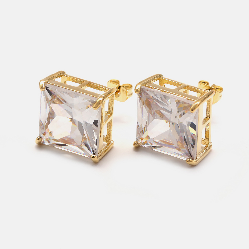 IVIAPRO Simple Stud Earrings Brass Jewelry 18K Gold Plated White Single Stone From 3mm To10mm square Stud Earrings