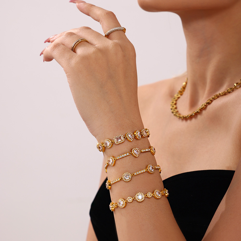 IVIAPRO Elegant Stainless Steel Tarnish Free Jewelry 18K Gold Plated Shining Heart Cubic Zircon Tennis Chain Bracelets for Women