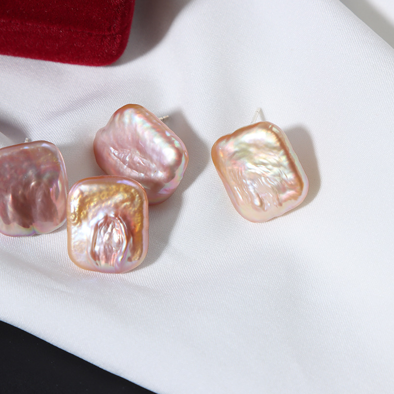 New Arrival Trendy 18k Gold Plated Square Shaped Natural Freshwater Baroque Pearl Stud Earrings