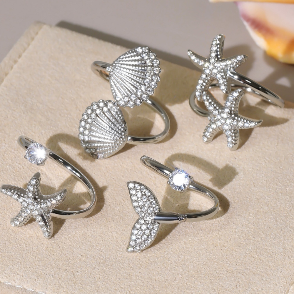 Hot Ocean Beach Vacation Style 18K Gold Plated Zirconia Starfish Shell Fish Tail Open Rings for Women Stainless Steel Jewelry
