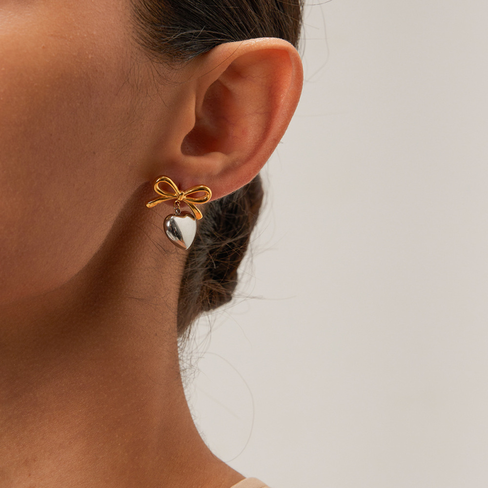 Fashion Jewelry 18K Gold Plated Tarnish Free & Water Resistant Stainless Steel Jewelry Cute Bow Heart Stud Earrings for Girls