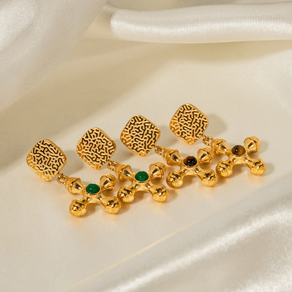 Trendy Hot Sale 18K Gold Plated Tiger Eye Stone Green Agate Cross Pendant Drop Earrings Stainless Steel Stud Earrings