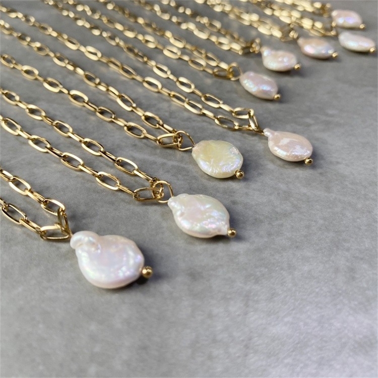 IVIAPRO Jewelry New Trendy 14K Gold Plated Pearl Necklace Stainless Steel Link Chain Freshwater Baroque Pearl Pendant Necklace