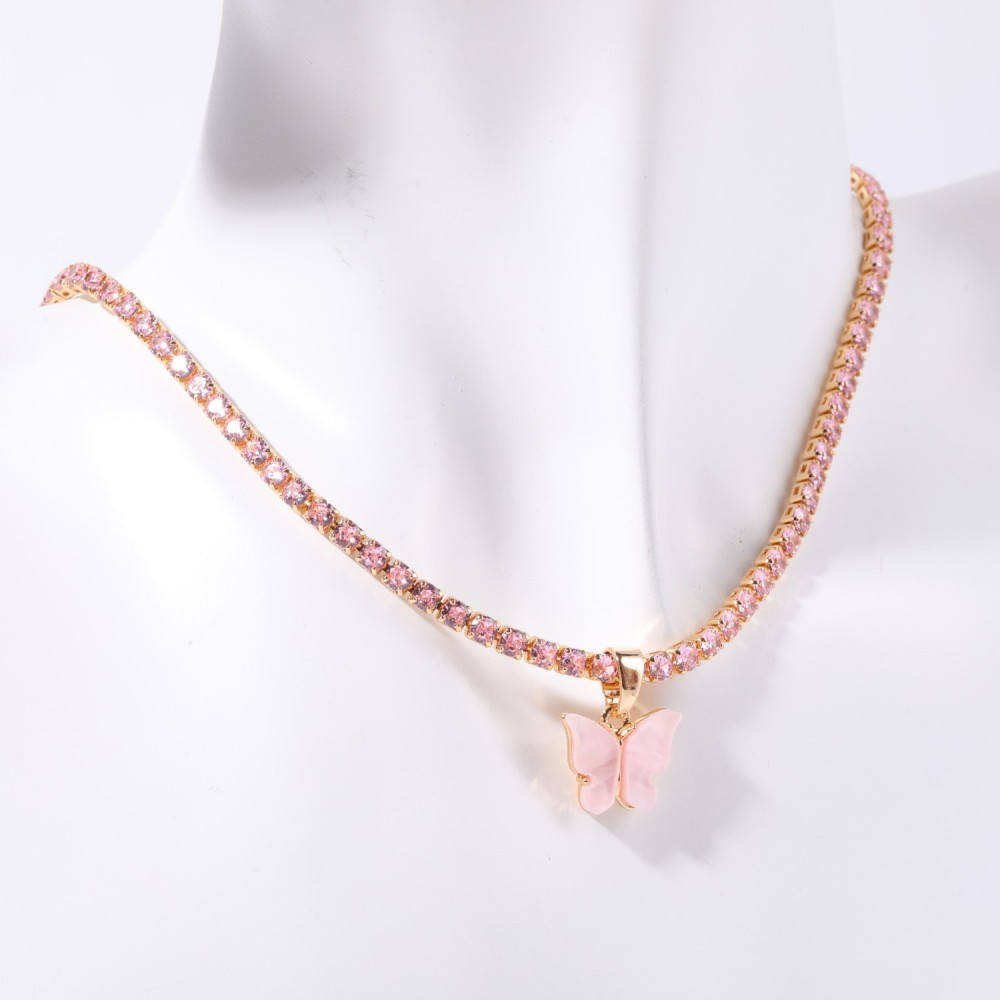 IVIAPRO New Trendy 18K Gold Plated Stainless Steel Cubic Zirconia Tennis Chain Butterfly Pendant Necklace for Women