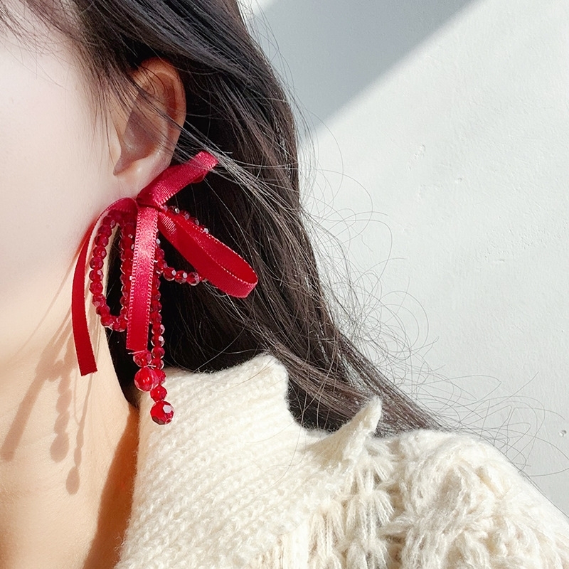 New Arrival 14K Gold Plated Sterling Silver Studs Romantic Sweet Crystal Beaded Ribbon Bow Knot Earrings for Women Gift