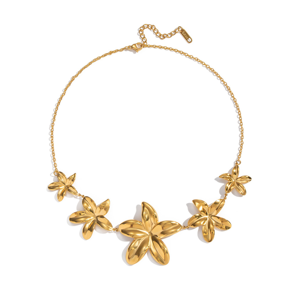 Trendy Elegant 18K Gold Plated Waterproof & Tarnish Free Jewelry Stainless Steel Flower Shaped Pendant Choker Necklace for Women