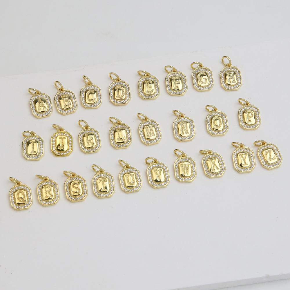 Hot Selling Trendy 18K Gold Plated CZ Square Shaped Letters Initial Alphabet Charms Pendants for Jewelry DIY