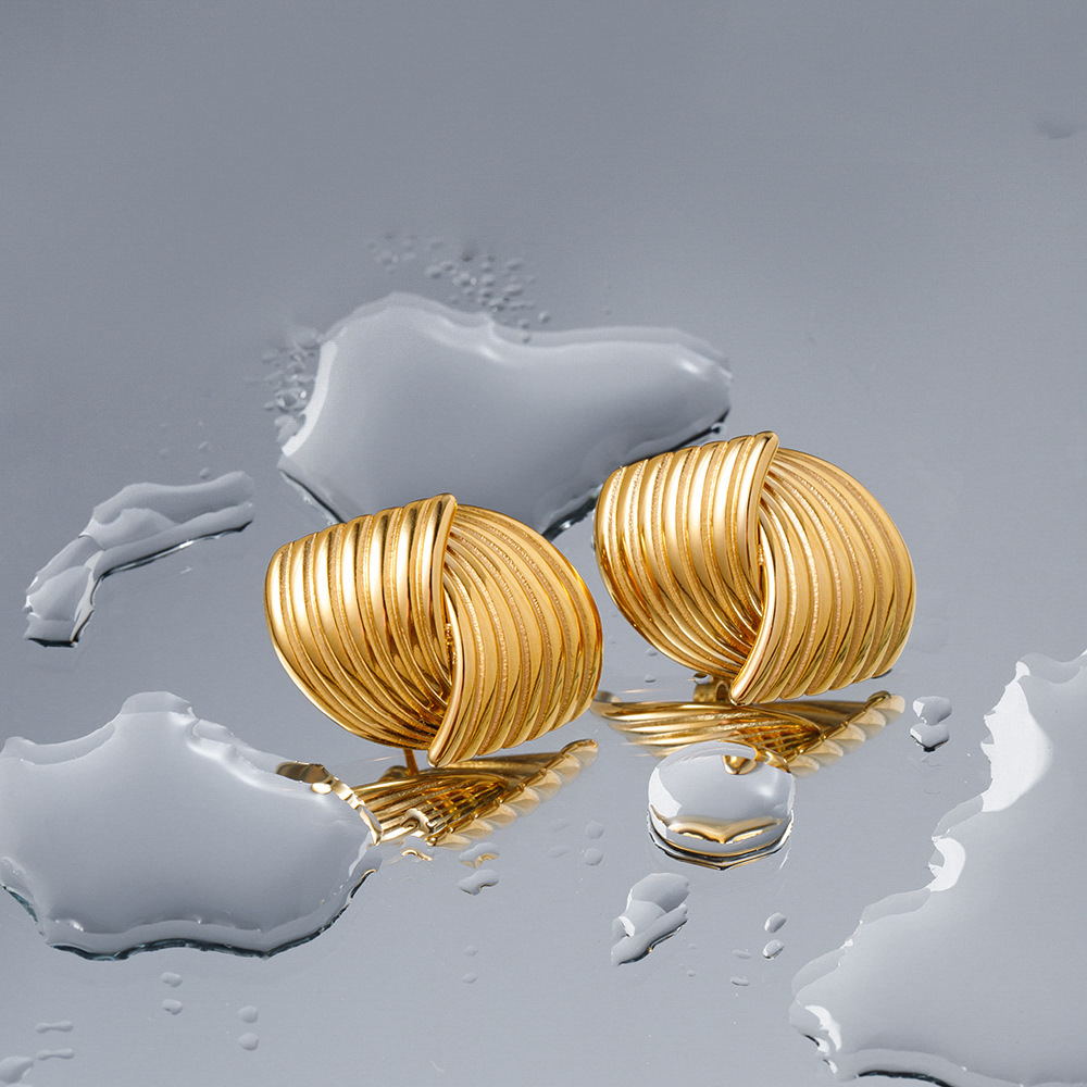 Fashion Jewelry Instagram Popular 18K Gold Plated Stainless Steel Staggered Stripe Texture Cross Stud Earrings for Women