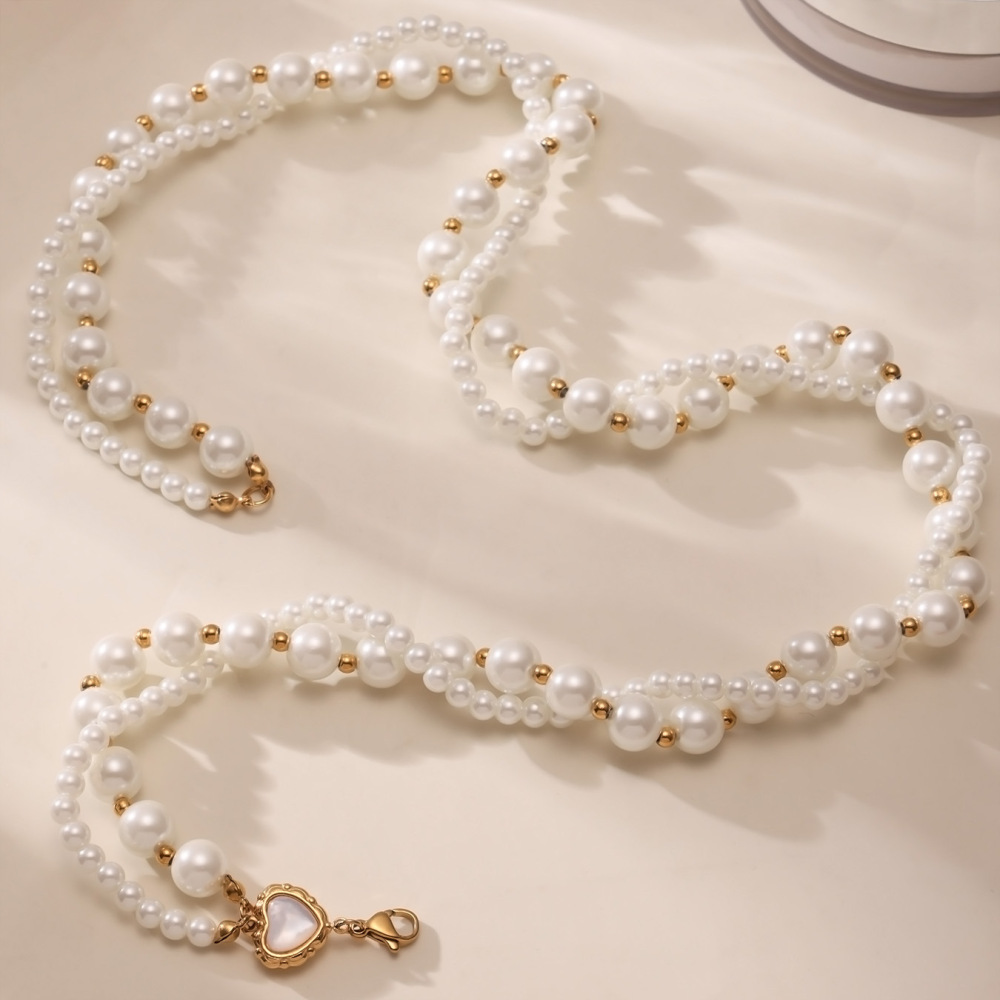 New Fashion Jewelry 18k Gold Plated Shell Pearl Necklace Stainless Steel Heart Clasp Double Layers Beaded Necklaces for Women