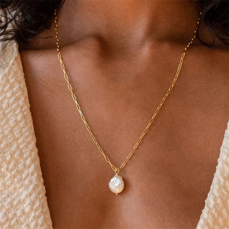 IVIAPRO Jewelry New Trendy 14K Gold Plated Pearl Necklace Stainless Steel Link Chain Freshwater Baroque Pearl Pendant Necklace