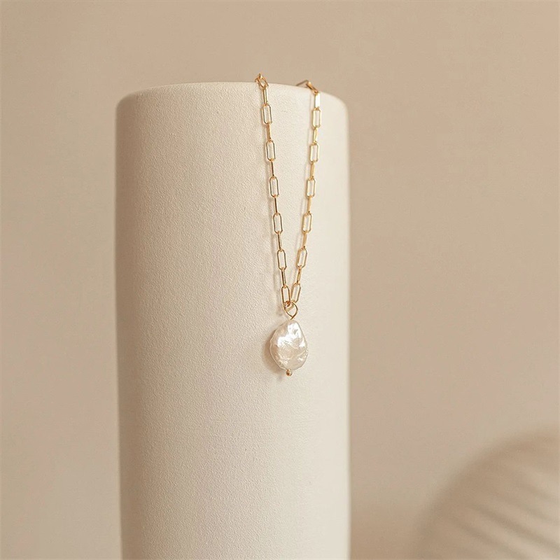 IVIAPRO Jewelry New Trendy 14K Gold Plated Pearl Necklace Stainless Steel Link Chain Freshwater Baroque Pearl Pendant Necklace