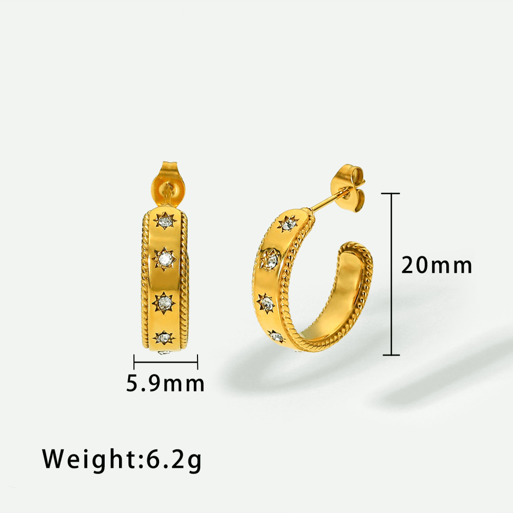 Fashion Jewelry 18K Gold Plated Stainless Steel Hoop Earrings C-shaped Star Zircon Earrings for Women
